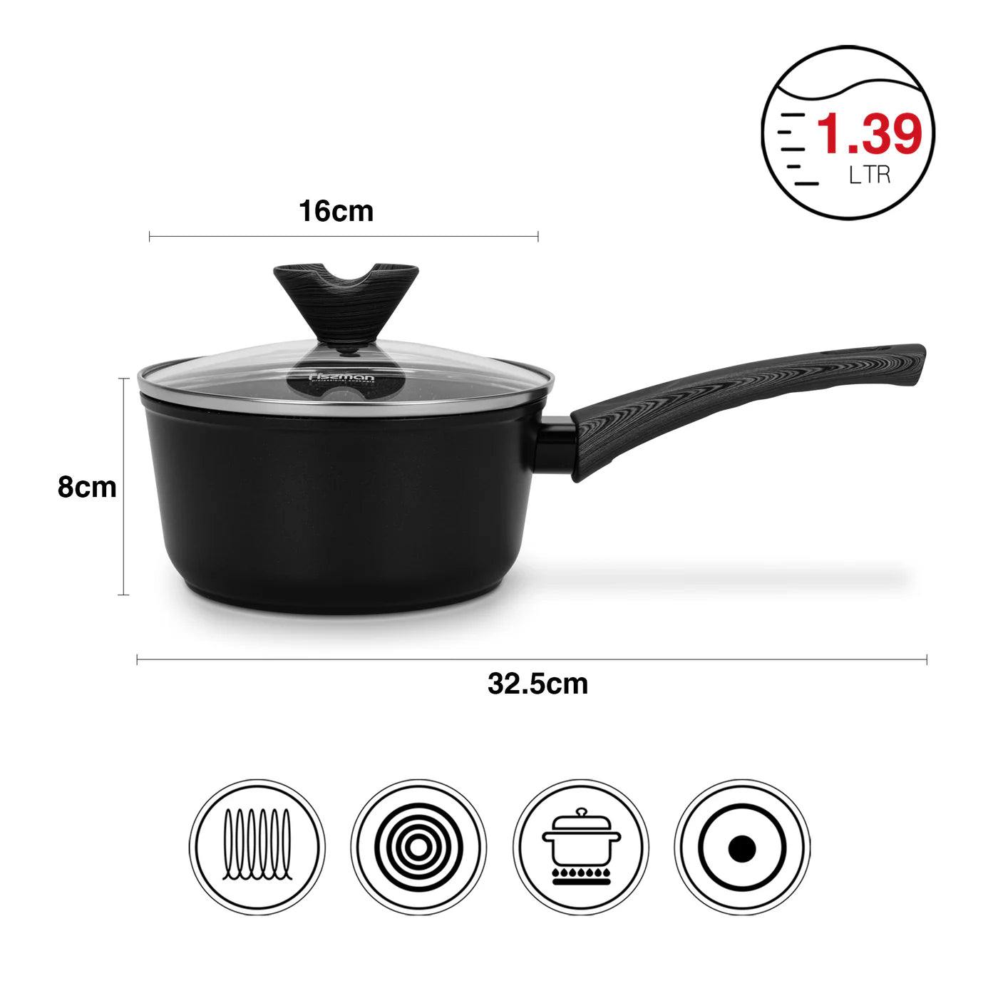 Saucepan 16x8 cm / 1.39 LTR with Glass Lid and Induction Bottom (Aluminium with Non-stick Coating) - ANGELA Series