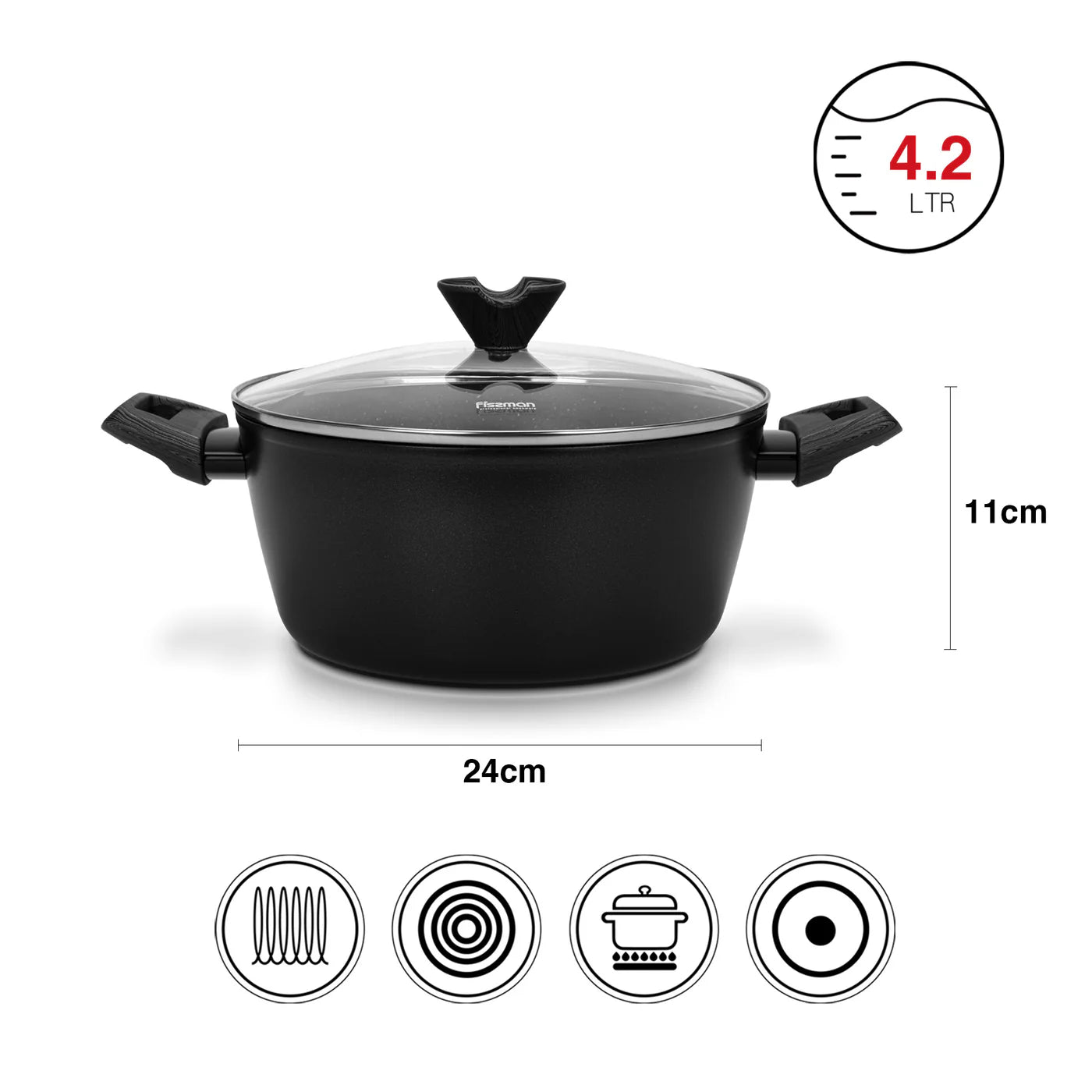 Stockpot 24x11 cm / 4.2 LTR with Glass Lid and Induction Bottom (Aluminium with Non-stick Coating) - ANGELA Series