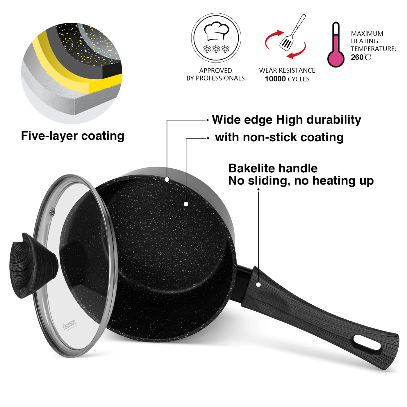 Saucepan 16x8 cm / 1.39 LTR with Glass Lid and Induction Bottom (Aluminium with Non-stick Coating) - ANGELA Series