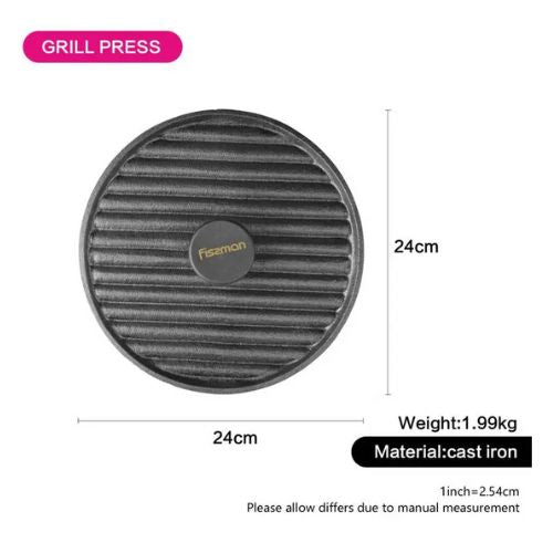 Round Grill Press With Bakelite Knob Black 24cm (Cast Iron)