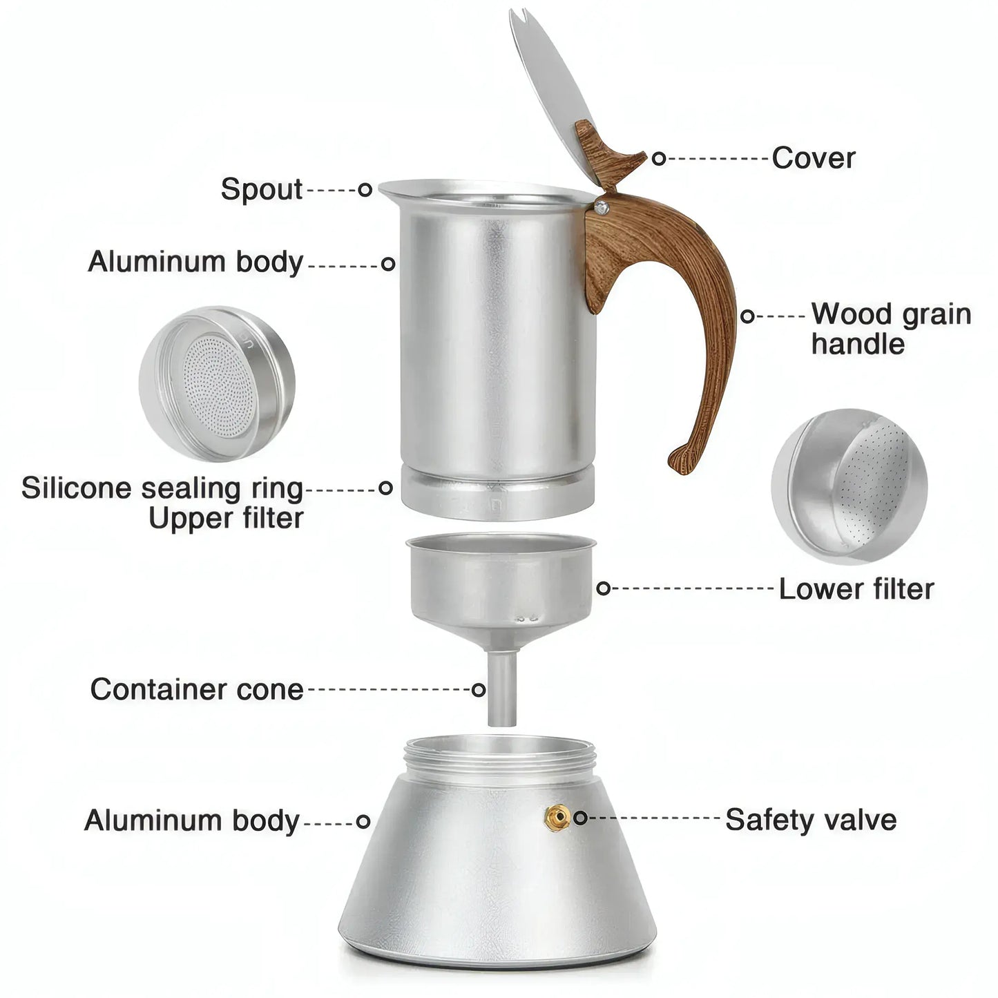 Coffee Maker 300ml For 6 Cups Pressed Aluminium Wooden Handle And Knob