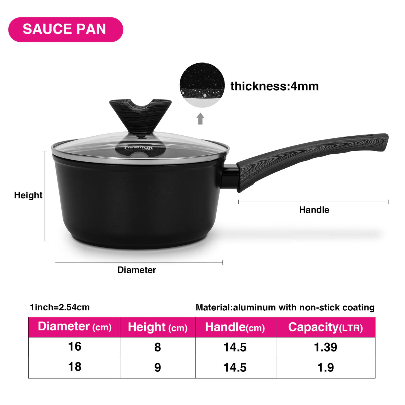 Saucepan 16x8 cm / 1.39 LTR with Glass Lid and Induction Bottom (Aluminium with Non-stick Coating) - ANGELA Series