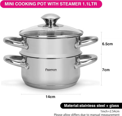 Mini Cooking Pot GULLIVER 14x7cm / 1.1 LTR with Steamer Inser 14x6.5cm