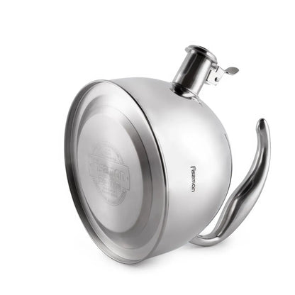 Stainless steel kettle with handle on a white background