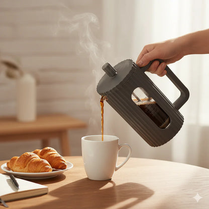 Person pouring coffee from a French press into a white mug on a wooden table with croissants.