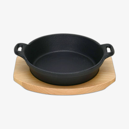Cast Iron Pan 18 x 4.4cm With Two Side Handles On Wooden Sizzling Plate Tray
