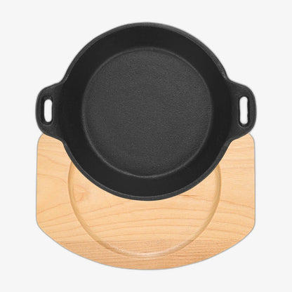 Cast Iron Pan 18 x 4.4cm With Two Side Handles On Wooden Sizzling Plate Tray