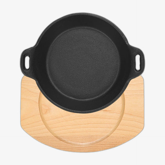 Cast Iron Pan 18 x 4.4cm With Two Side Handles On Wooden Sizzling Plate Tray