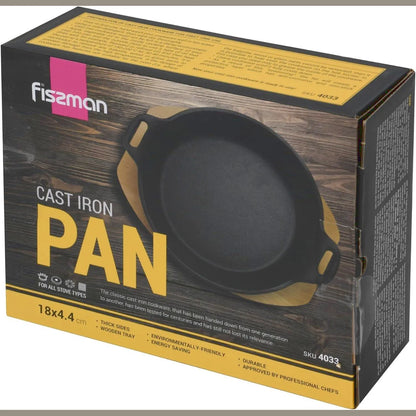 Cast Iron Pan 18 x 4.4cm With Two Side Handles On Wooden Sizzling Plate Tray