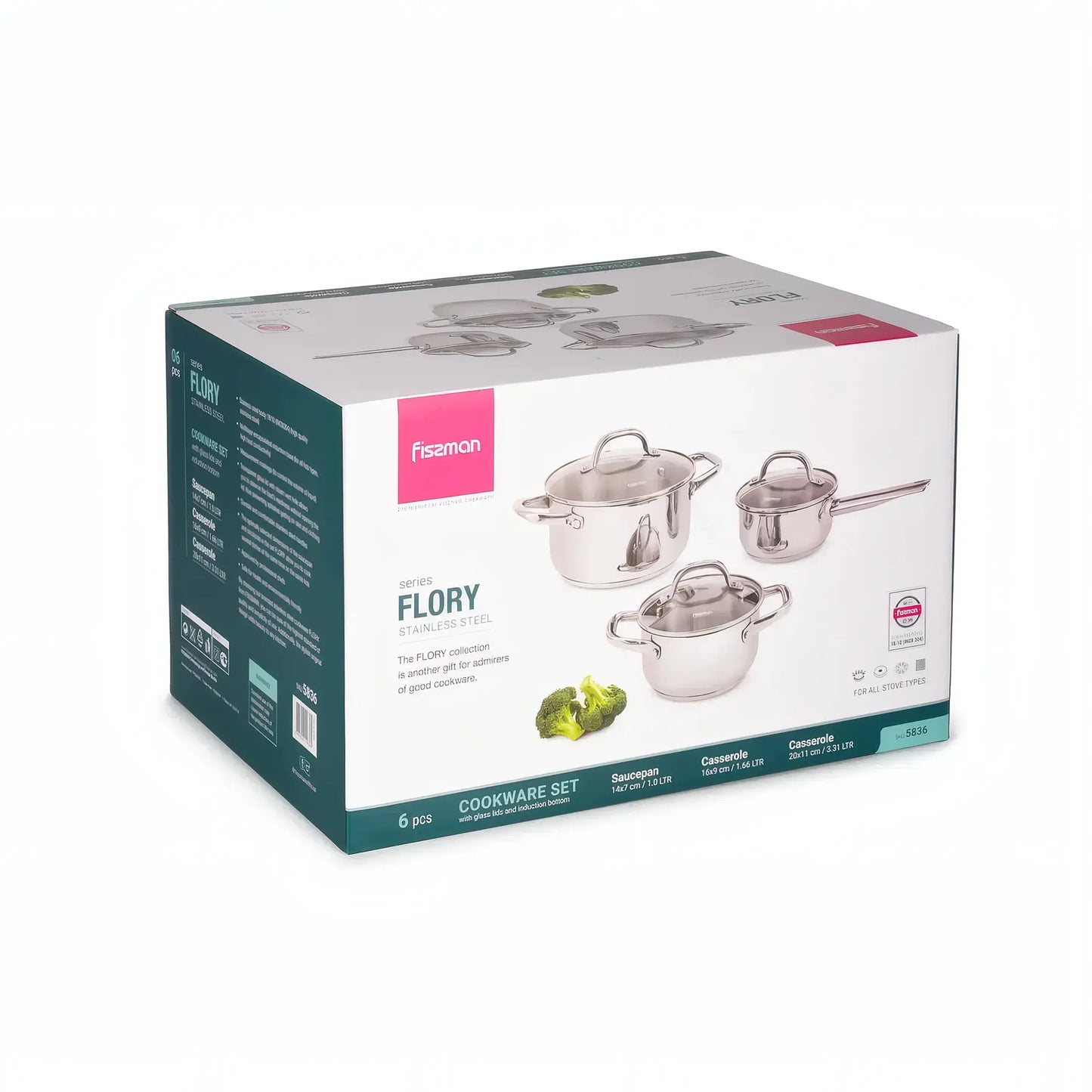 Casserole Cookware Set - 6 pcs with Glass Lids (Stainless Steel) - FLORY Series