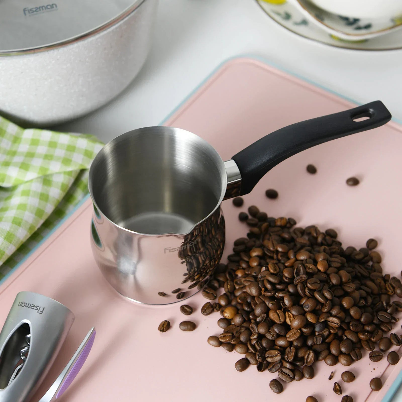 Stainless Steel Greek Coffee Pot with Black Handle 