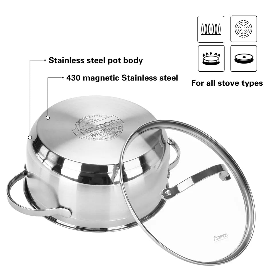 Stockpot 26 x 13.5 cm 7.1 LTR with Glass Lid Stainless Steel