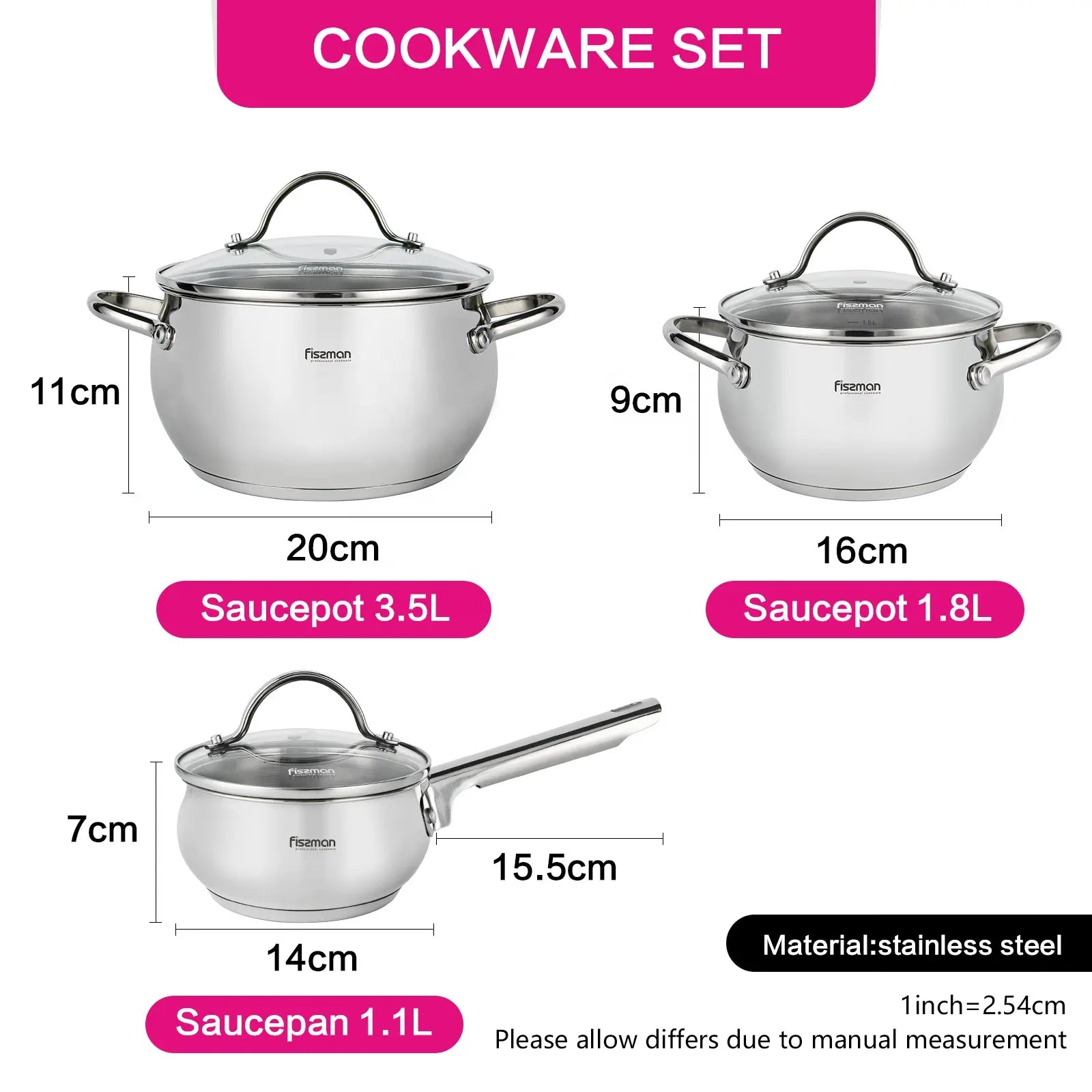 6PCS Cookware Set MARTINEZ 6pcs with Glass Lids / Mirror Outside