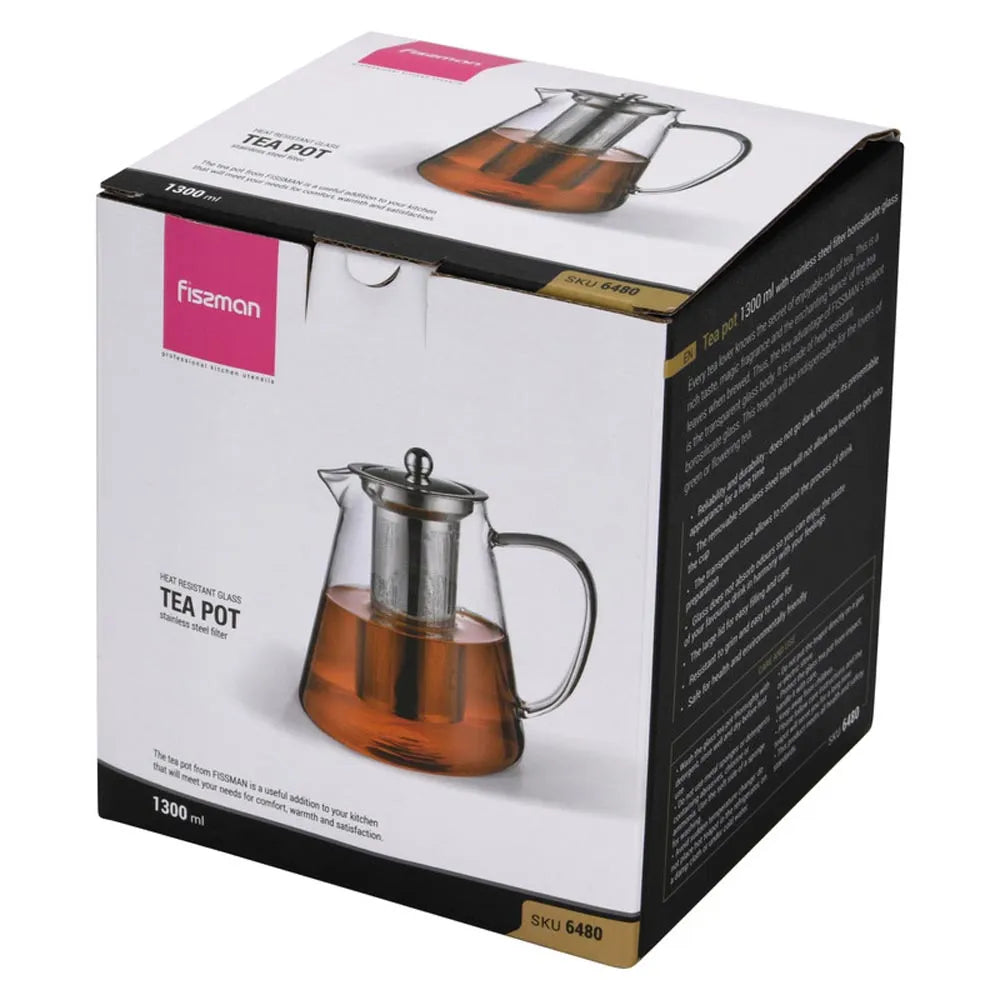 Tea Pot 1300ml With Stainless Steel Filter - Borosilicate Glass