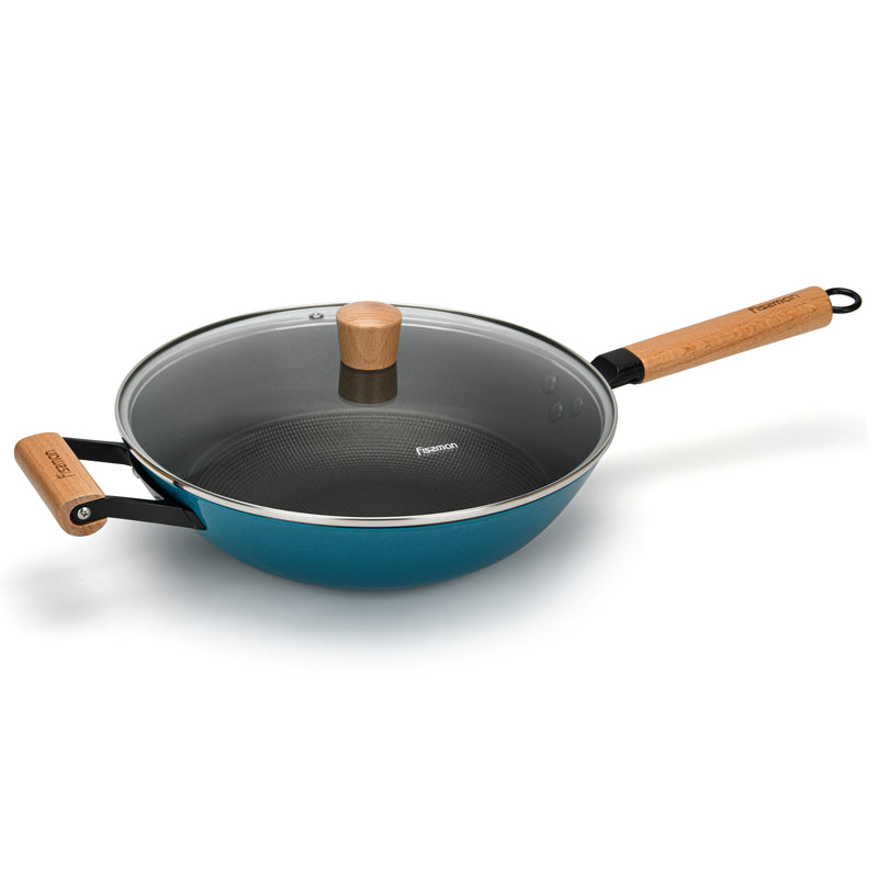 Wok pan SEAGREEN 30x8.4 cm / 4 LTR cm with glass lid (enamelled lightweight cast iron with non-stick coating)