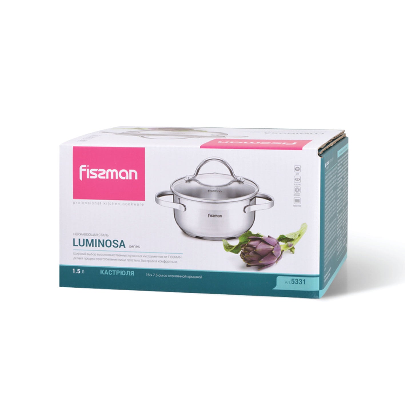 FISSMAN Stockpot LUMINOSA 16x7.5 cm / 1.5 LTR with glass lid (stainless steel)