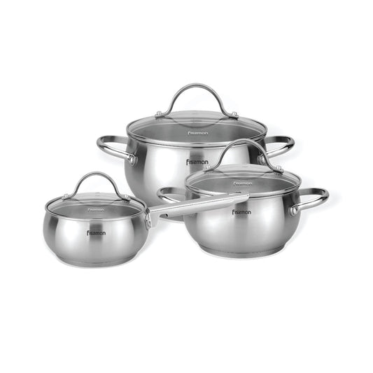 FISSMAN - Cookware Set MARTINEZ Stainless Steel 6pcs - Glass lids and Satin outside