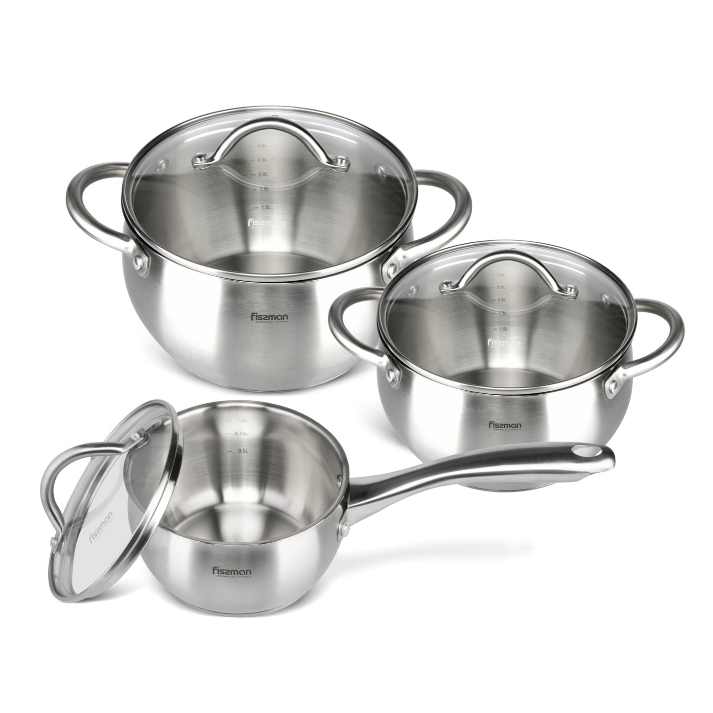 Cookware set - 6 pieces with glass lids (stainless steel)